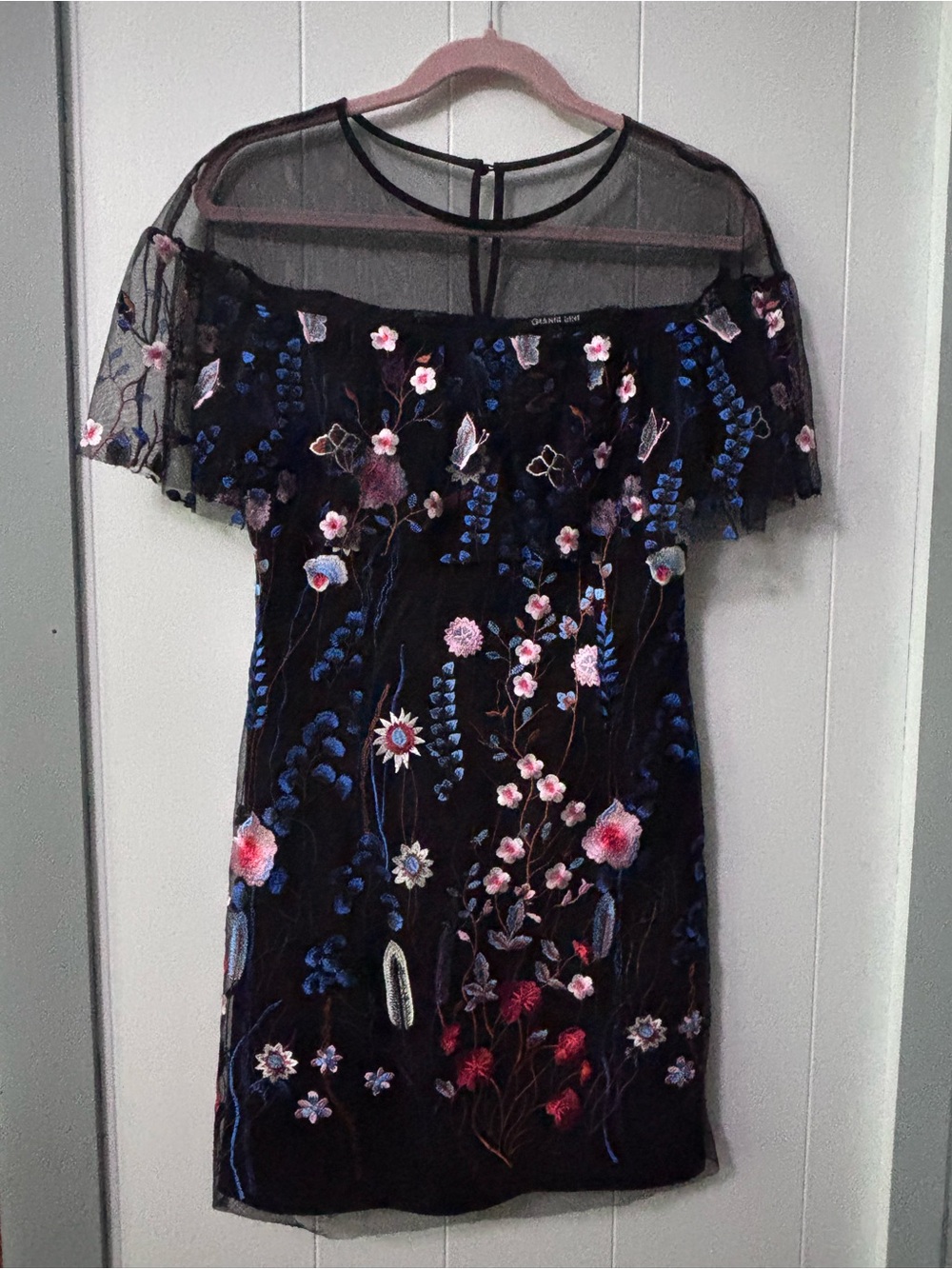 Gianni Bini Floral Embroidered Black Mesh Dress Size 4